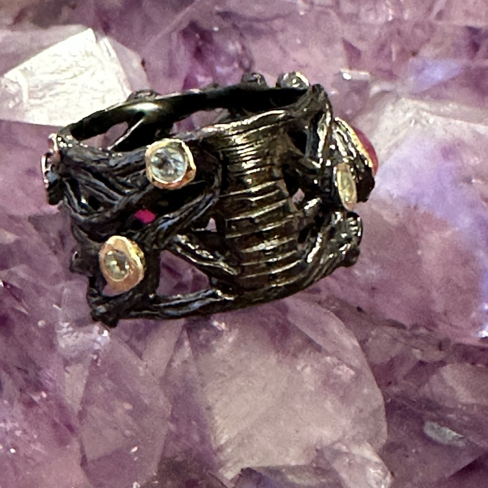 Star Ruby Blackened 925 Sterling Silver Band Ring - image 3